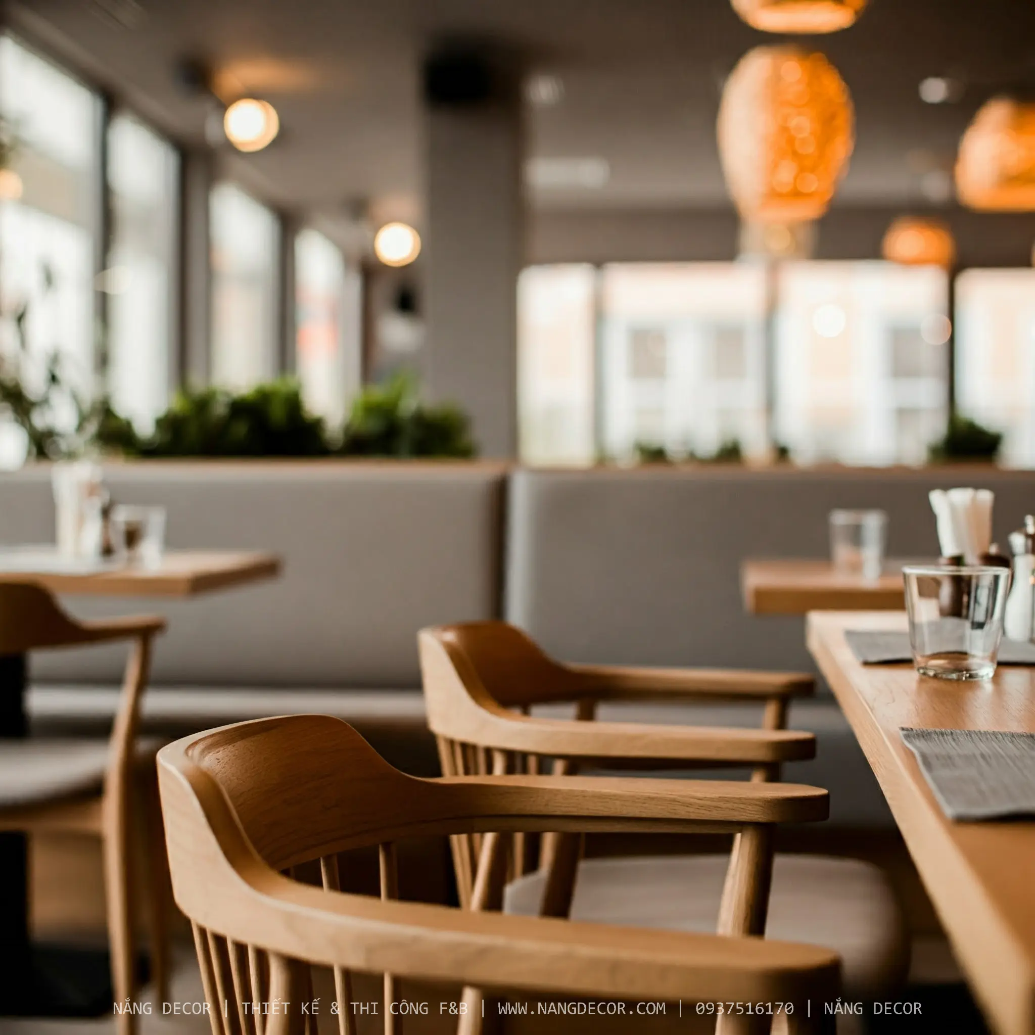 Quán cà phê phong cách Scandinavian với gam màu sáng và cây xanh tươi mát.