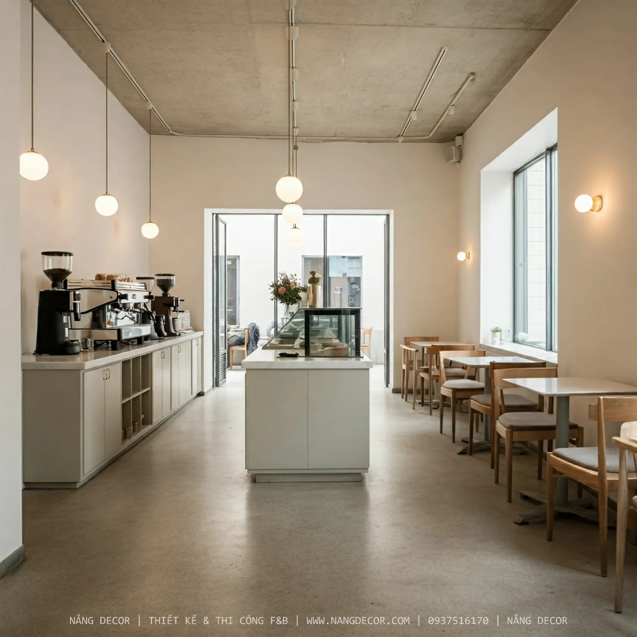 Ánh sáng tự nhiên trong thiết kế quán cafe sân vườn đơn giản.