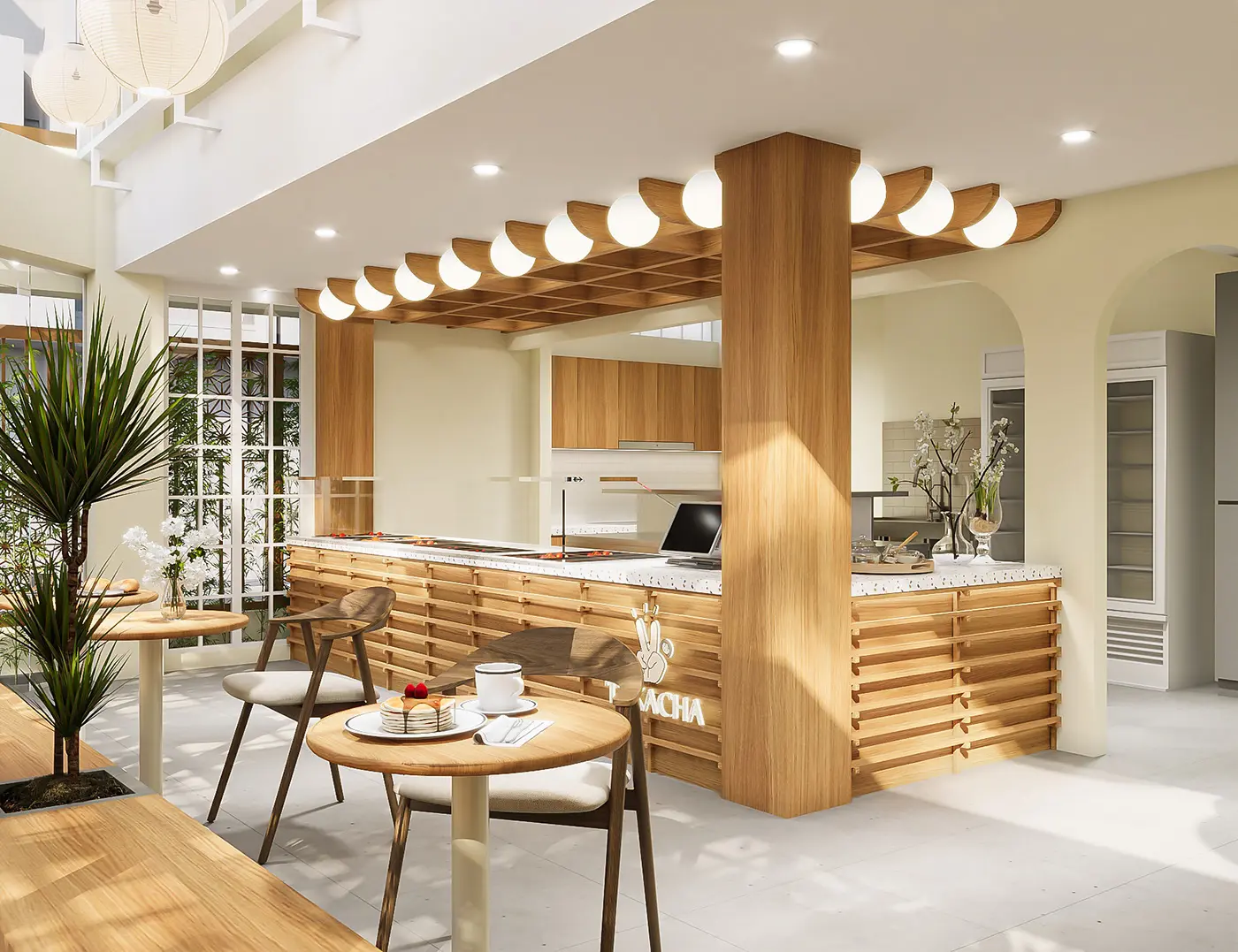 Thiết kế quầy pha chế cafe chữ L hiện đại với mặt đá terrazzo trắng tinh tế.
