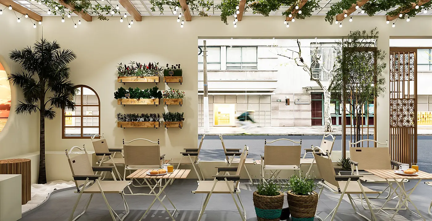 Không gian nội thất quán cafe cóc đẹp ấm cúng với bàn ghế gỗ.