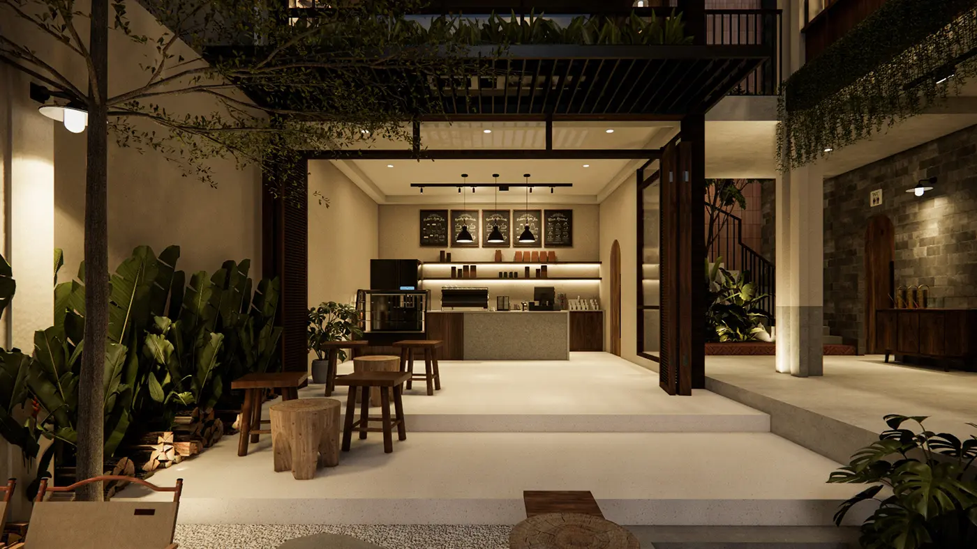 Mẫu quán cà phê 2 mặt tiền phong cách hiện đại với cửa kính lớn.