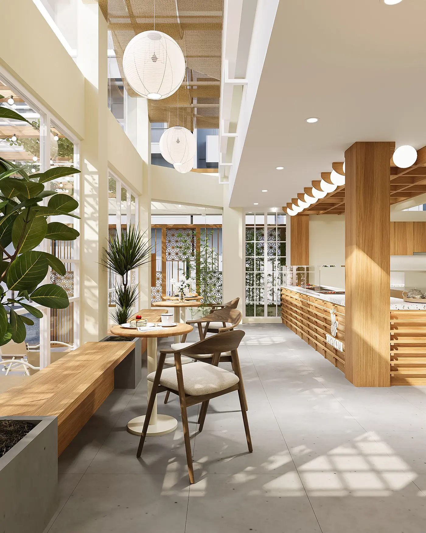Thiết kế quán cafe ấm cúng sử dụng vật liệu gỗ tự nhiên.