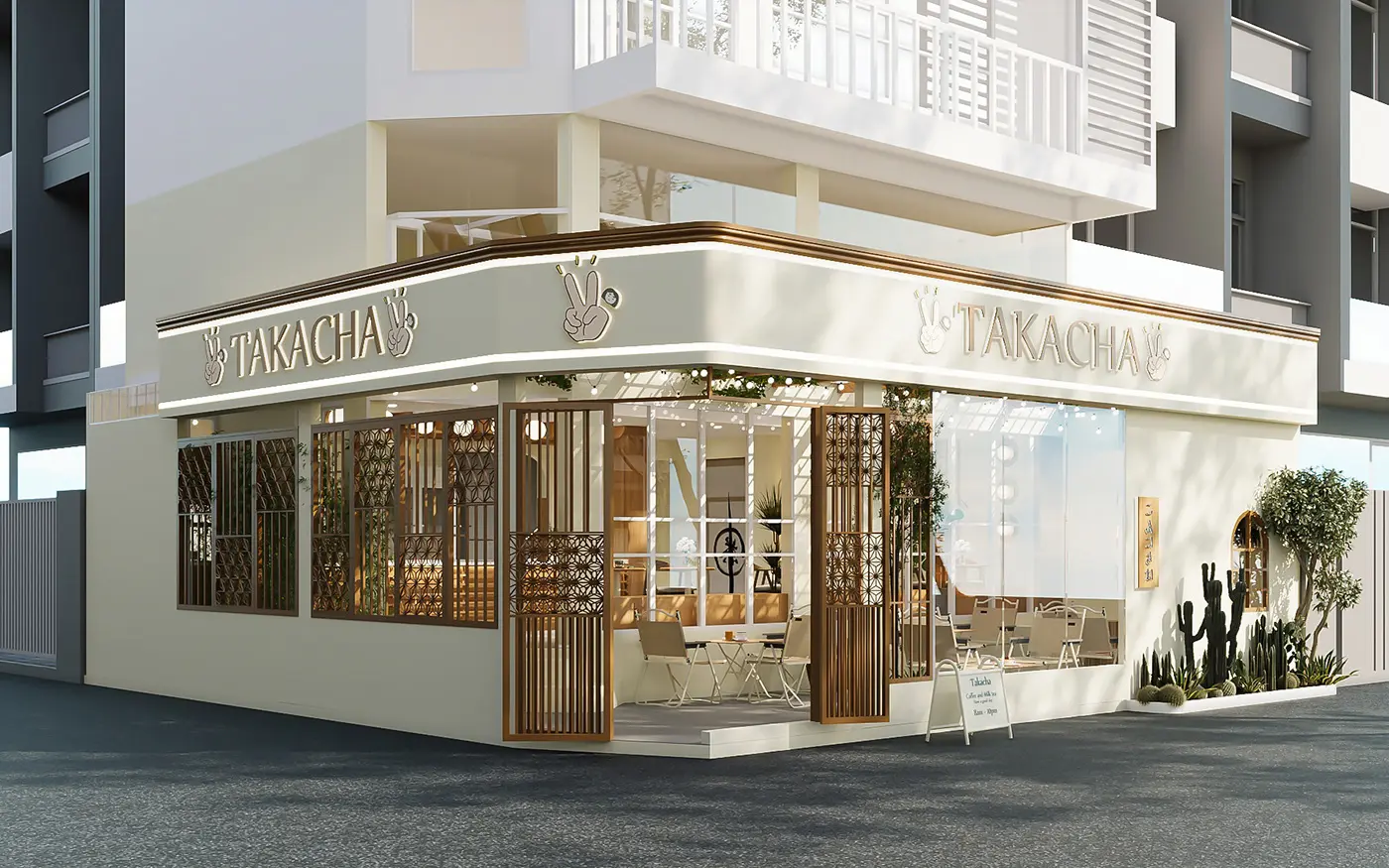 Không gian xanh mát trong thiết kế quán cafe sân vườn hiện đại.