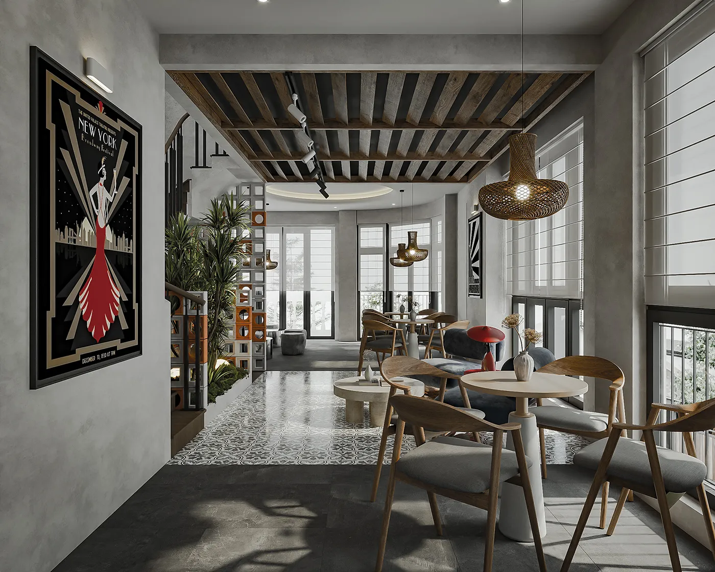 Mẫu thiết kế quán cafe 15m2 phong cách tối giản hiện đại.