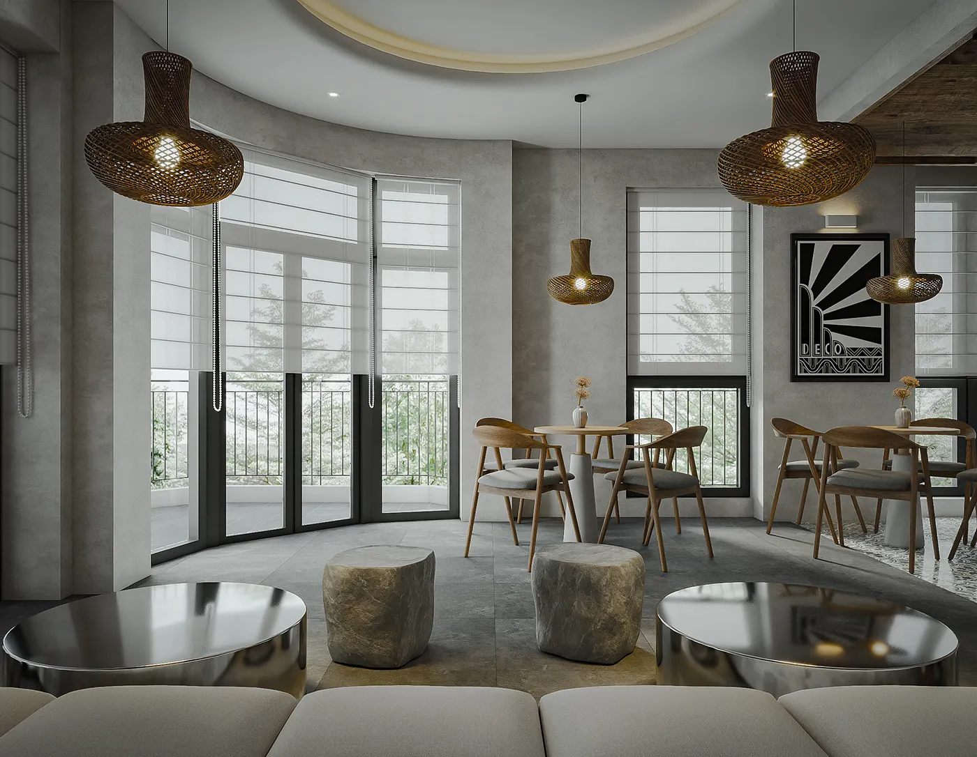 Thiết kế quán cafe tối giản sử dụng ánh sáng tự nhiên hiệu quả.