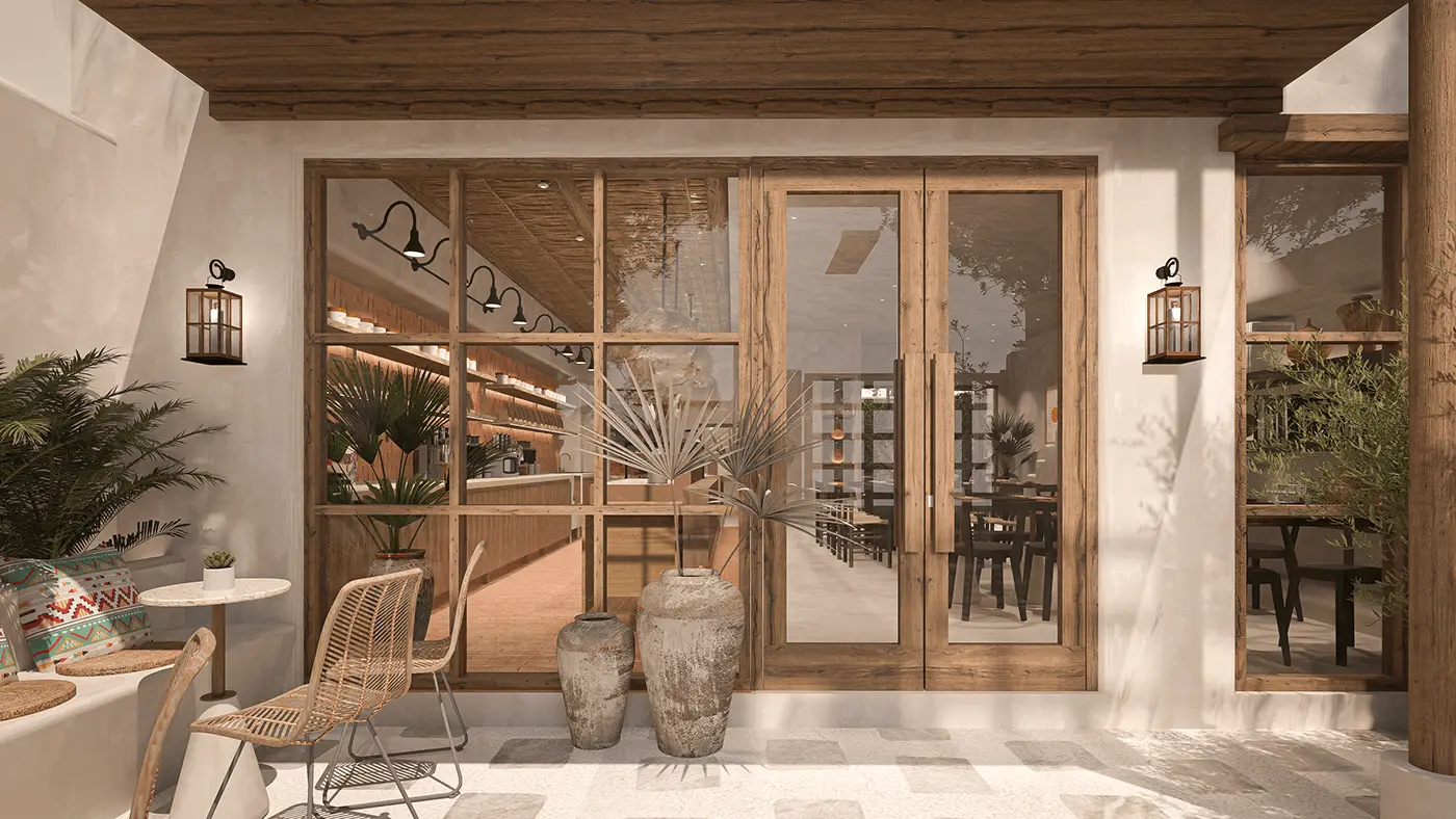 Không gian quán cafe đẹp chi phí thấp với nội thất gỗ thông và cây xanh.