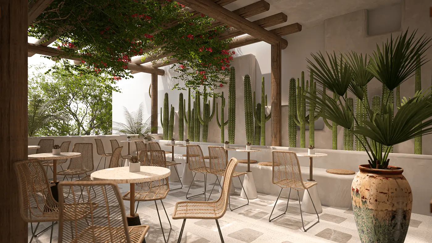 Chi tiết trang trí tiểu cảnh trong thiết kế cafe sân vườn.
