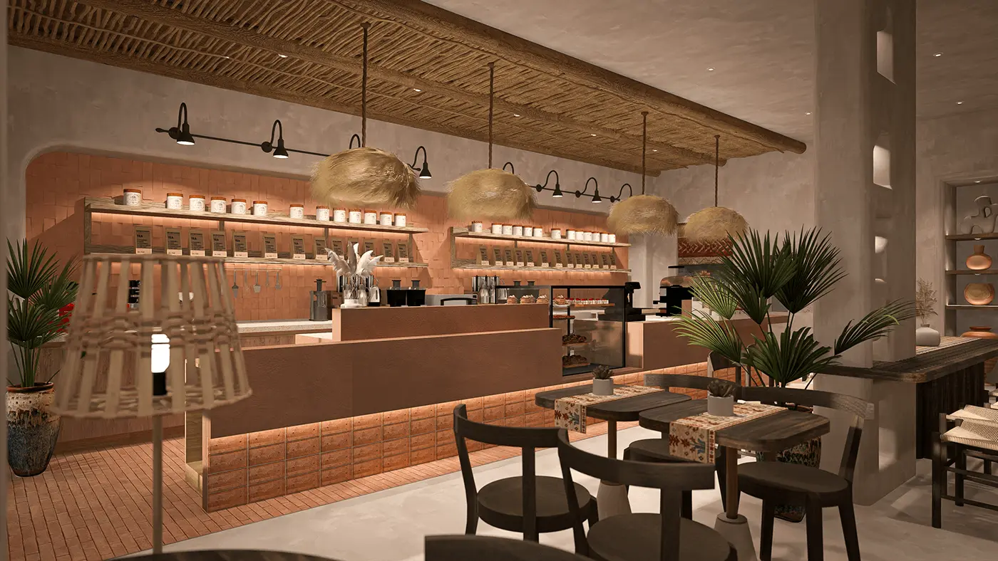 Quầy pha chế độc đáo điểm nhấn trong thiết kế cafe.