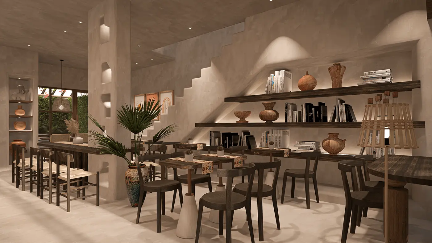 Không gian một quán cafe bình dân sử dụng bàn ghế gỗ thông và tường xi măng.