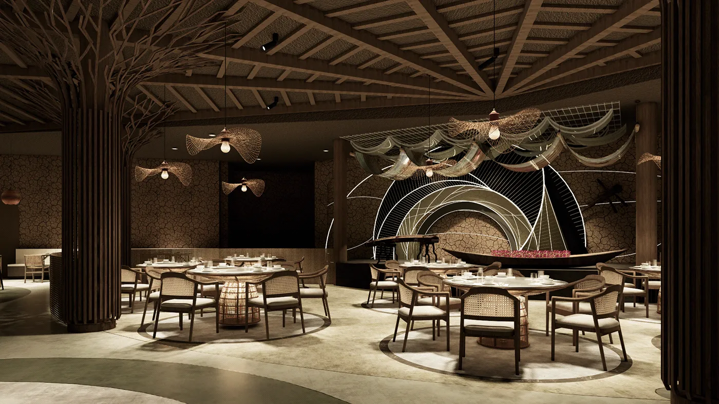 Thiết kế nội thất nhà hàng chay sử dụng vật liệu gỗ mộc mạc và bàn ghế tối giản.
