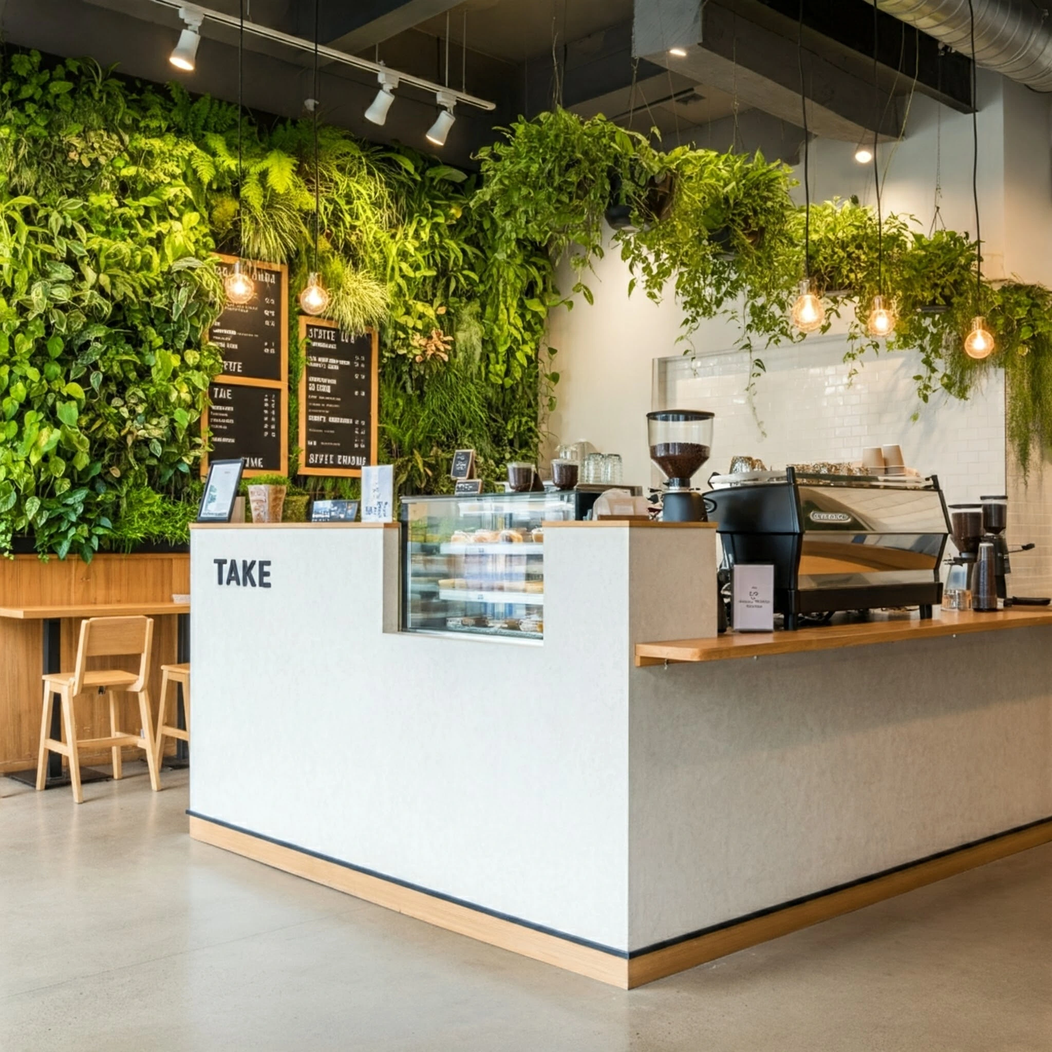 Mẫu bố trí khu vực quầy bar và chỗ ngồi tiện nghi cho quán cà phê