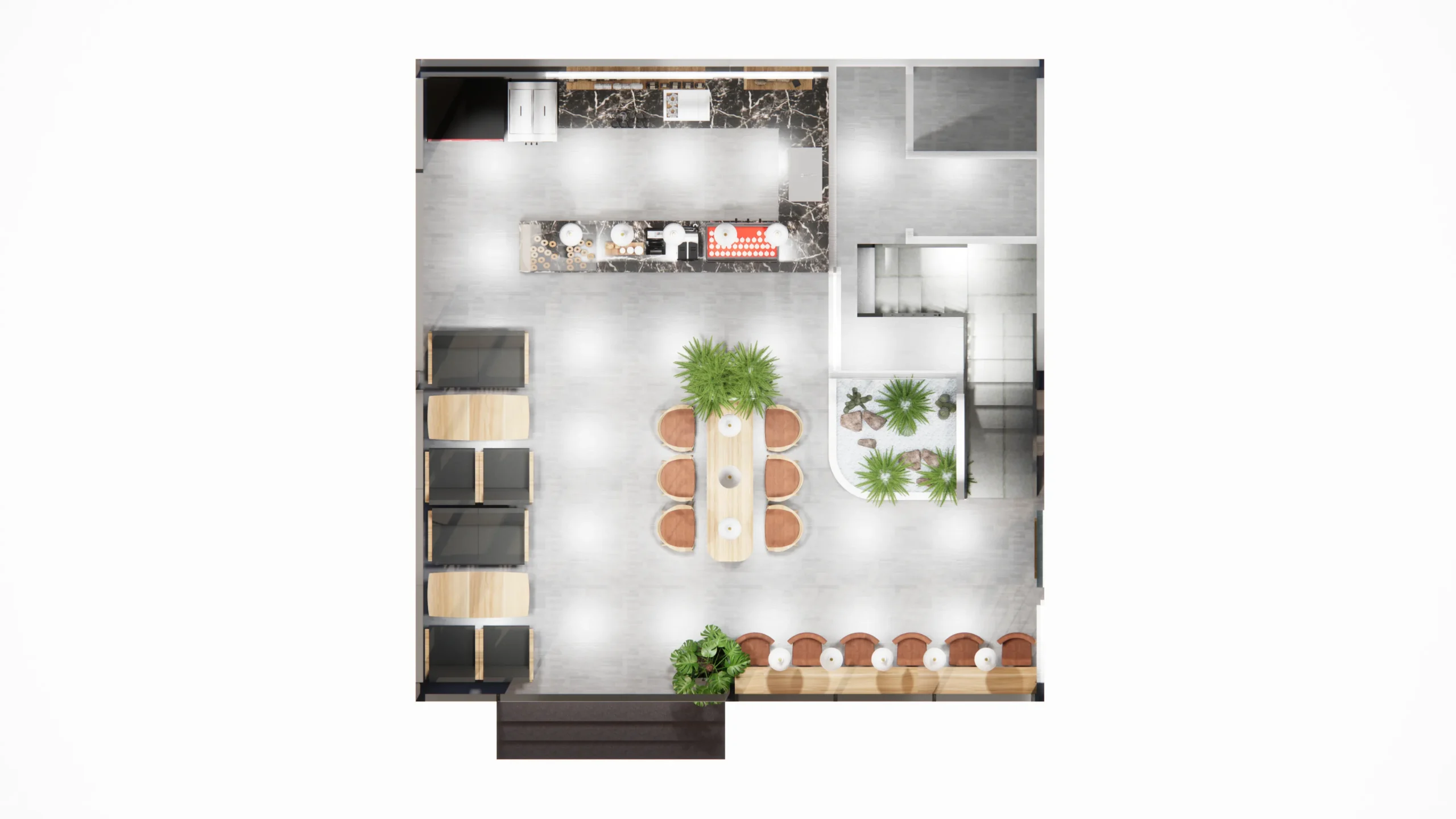Không gian cafe sân vườn thoáng đãng với cây xanh và bàn ghế gỗ.