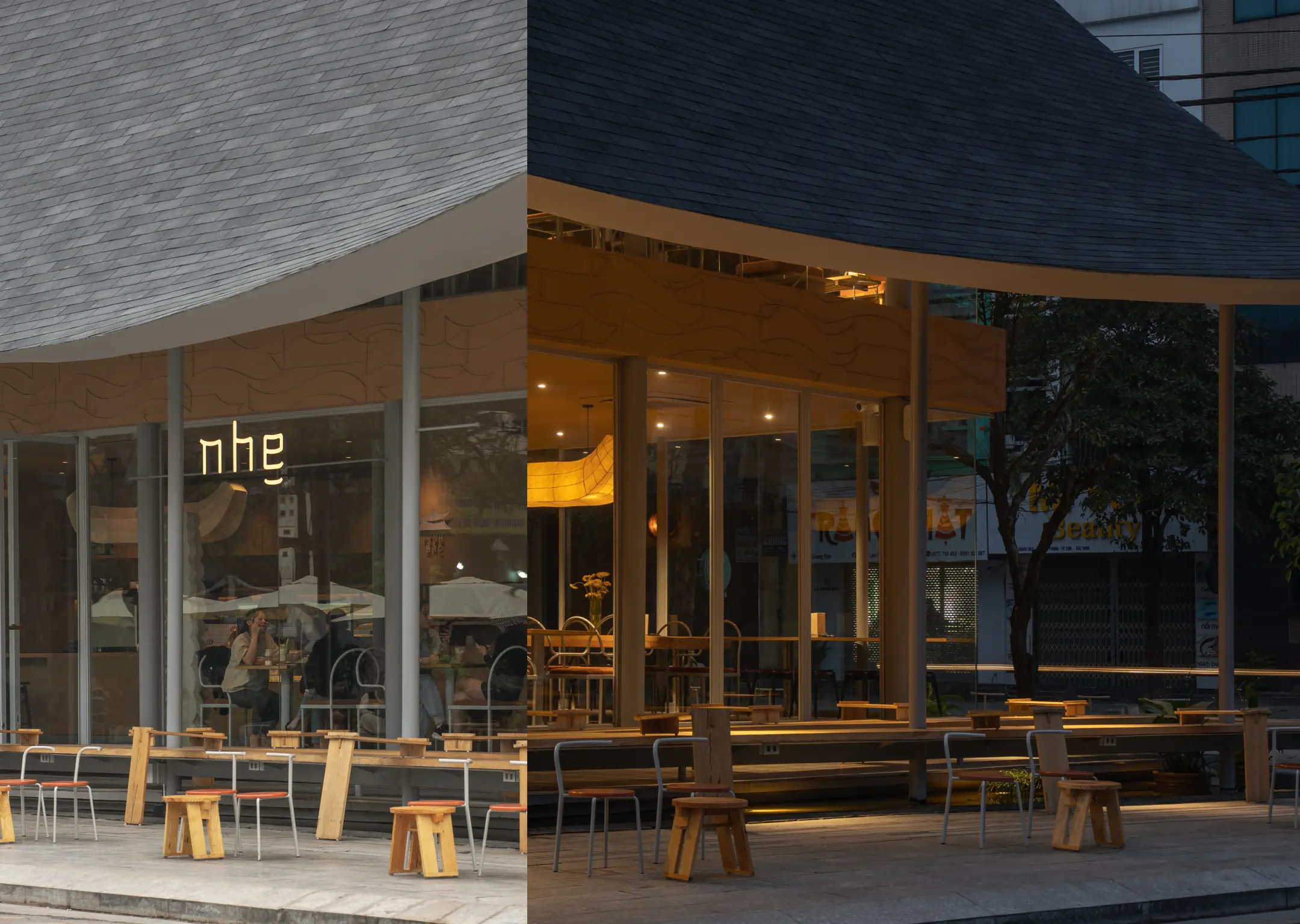 Thiết kế nội thất quán cafe sân vườn sử dụng vật liệu gỗ tự nhiên và cây xanh.