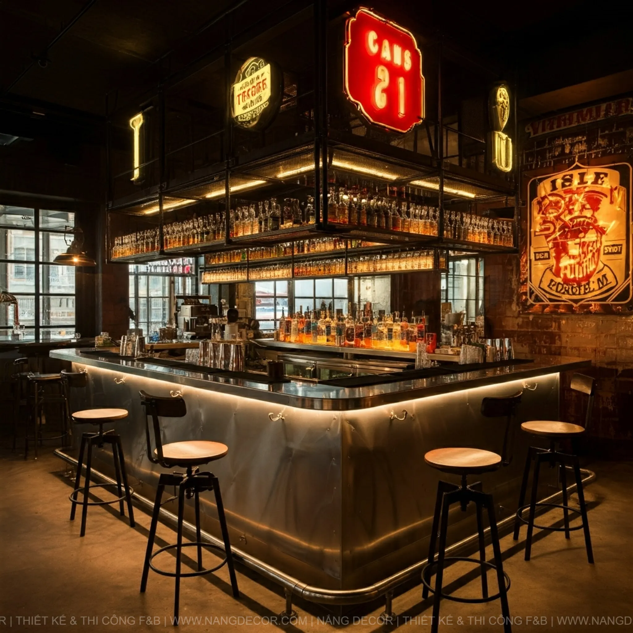 Quầy bar của quán cafe indochine được ốp gỗ và gạch bông họa tiết cổ điển.
