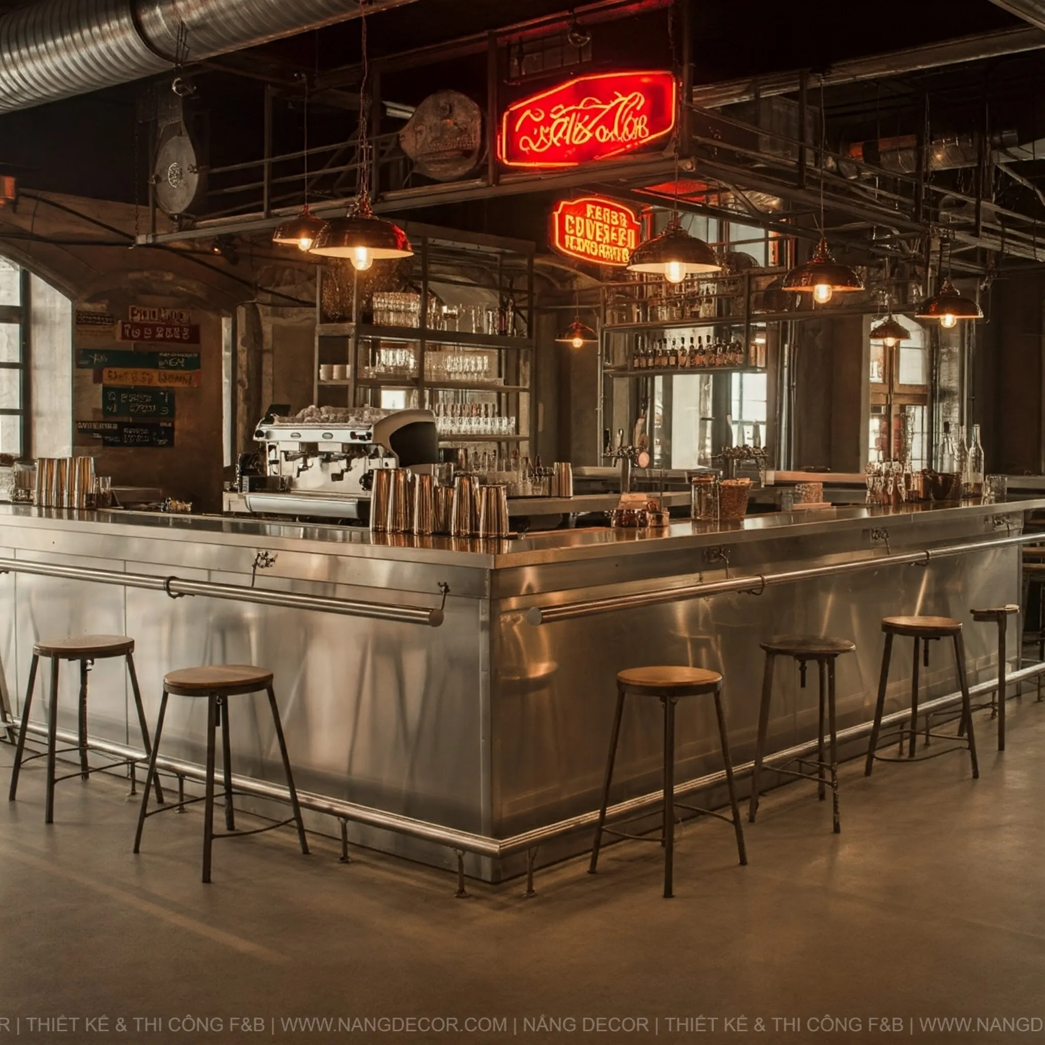 Chi tiết trang trí cây xanh và đèn thả trong quán cafe tối giản.