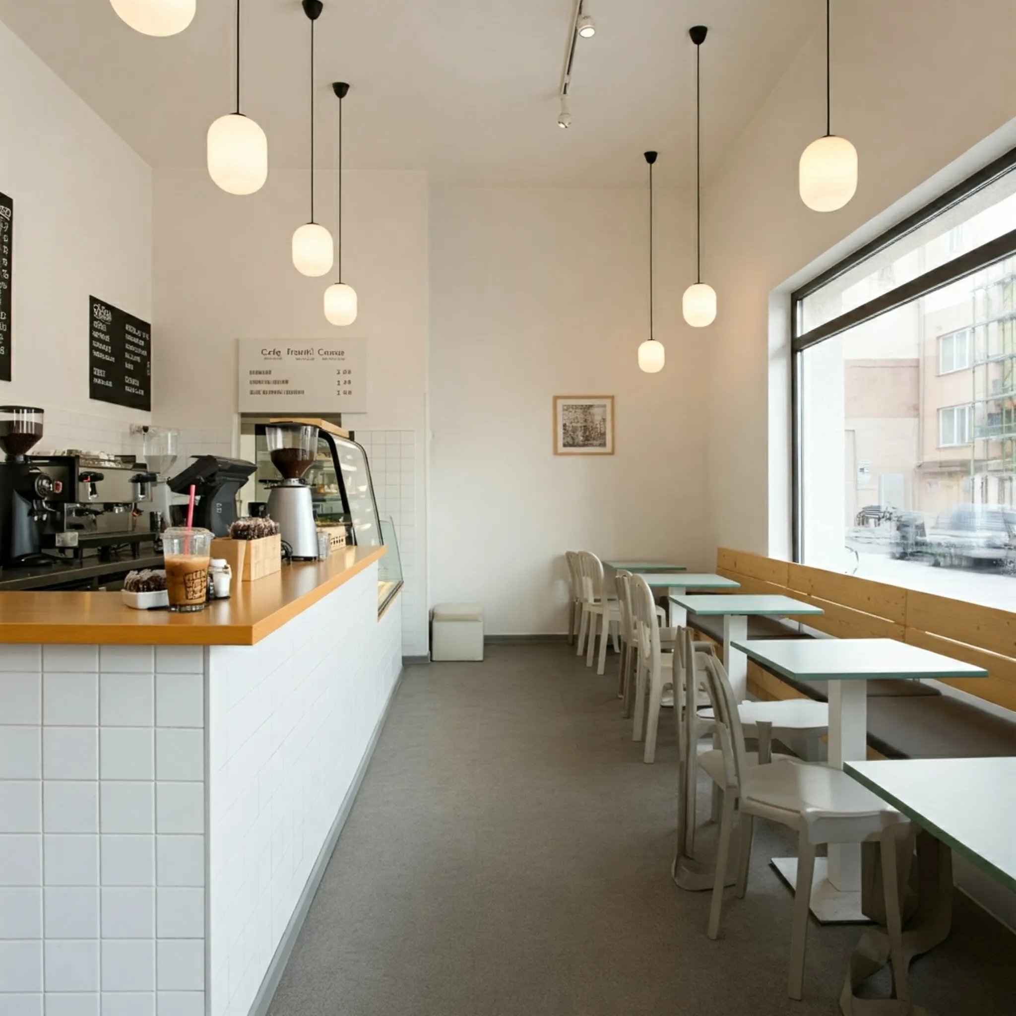 Góc trang trí cây xanh và tranh ảnh trong quán cafe tối giản.