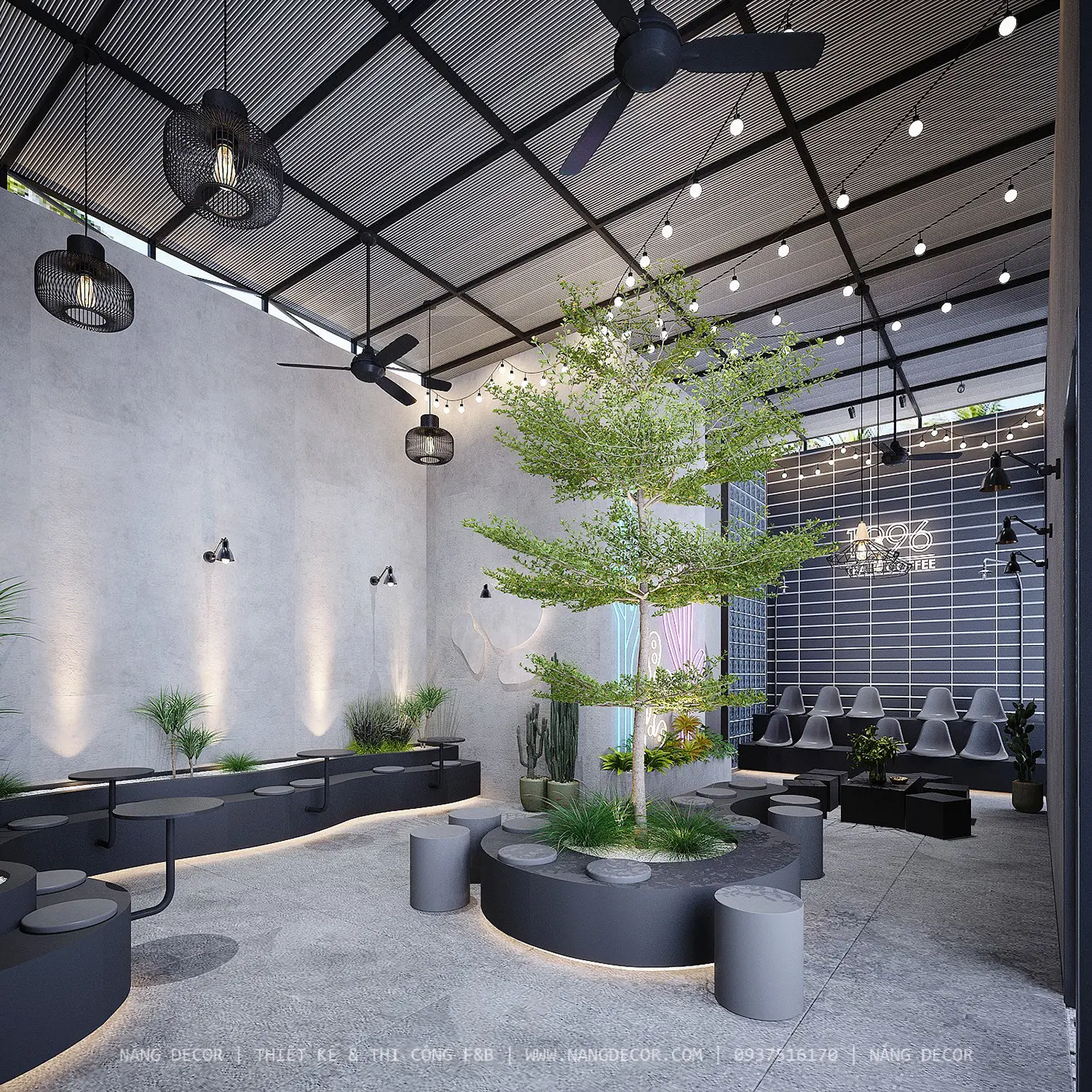 Thiết kế cầu thang độc đáo cho quán cafe hai tầng.