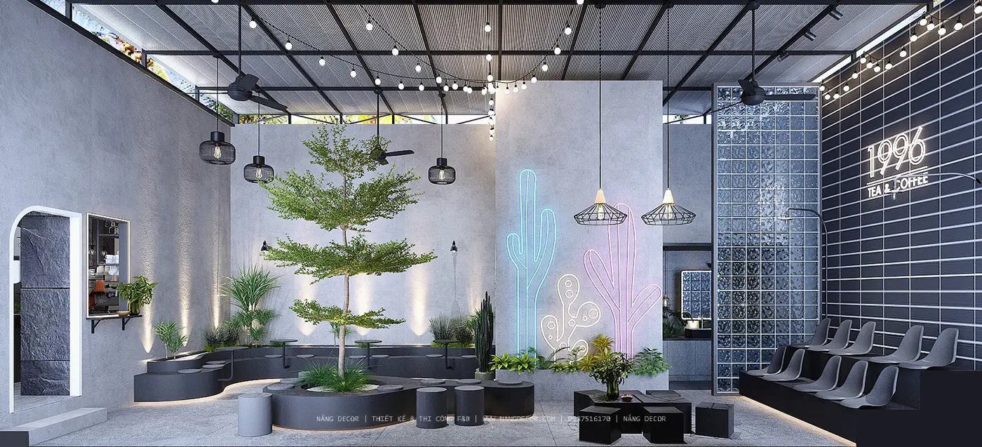Khu vực ngồi thư giãn trong mẫu quán cafe sân vườn đẹp mắt