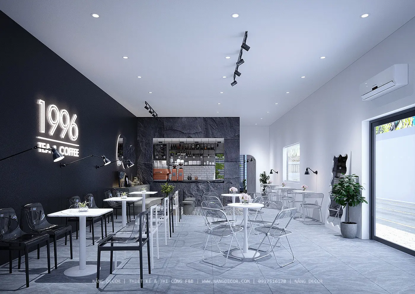 Không gian quán cafe nhỏ được tối ưu hóa với hệ thống bàn ghế thông minh, hiện đại.