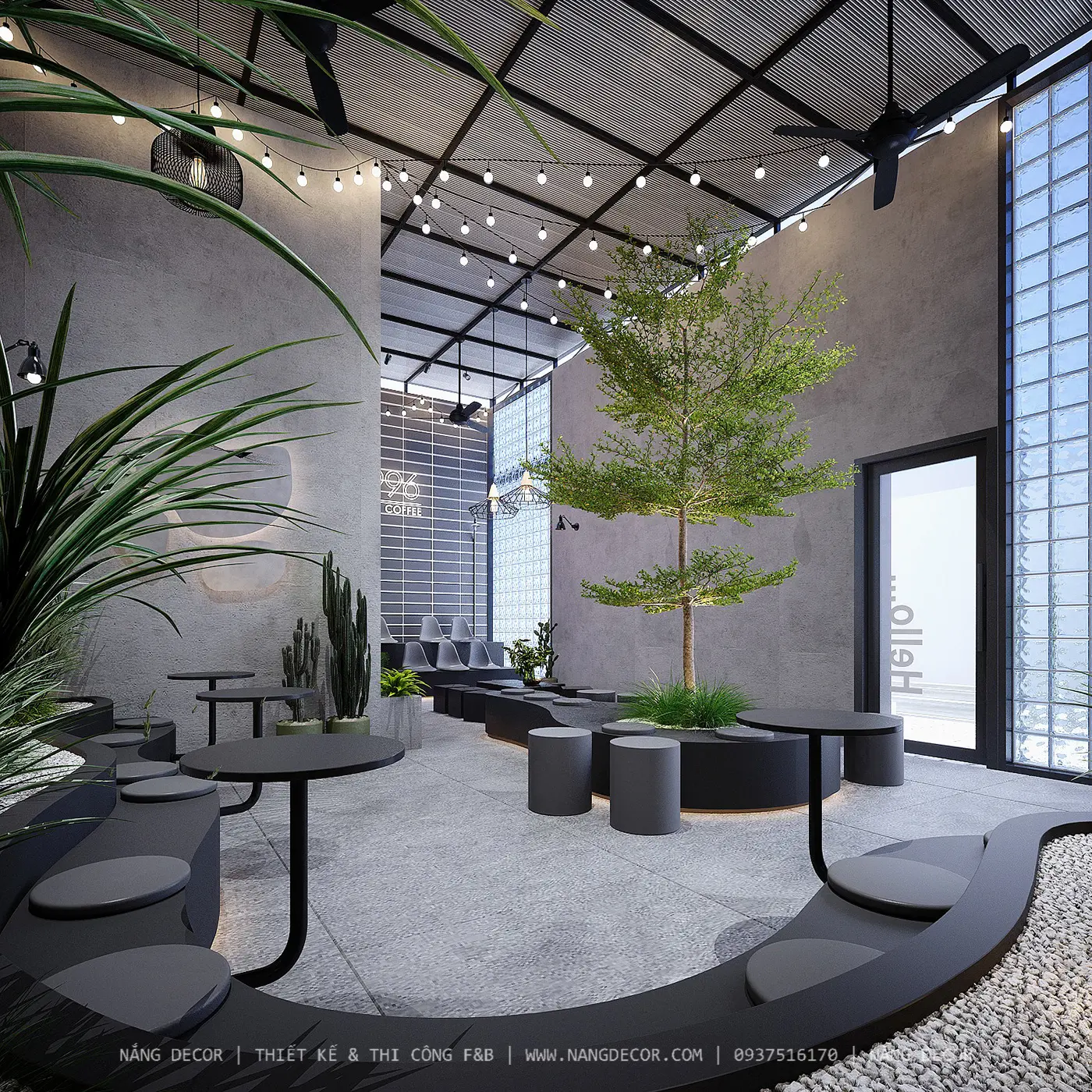 Thiết kế quán cafe sân vườn tối giản, hiện đại với cây xanh nhiệt đới