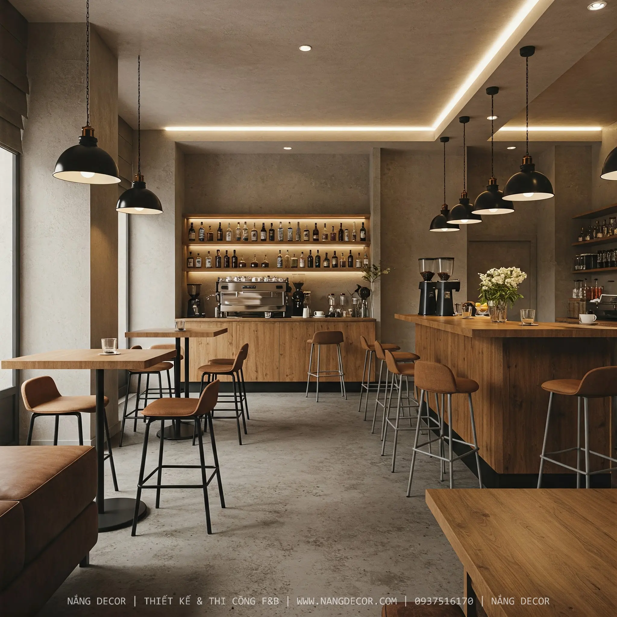 Bàn ghế kiểu dáng thập niên 70 trong một quán cafe phong cách retro.