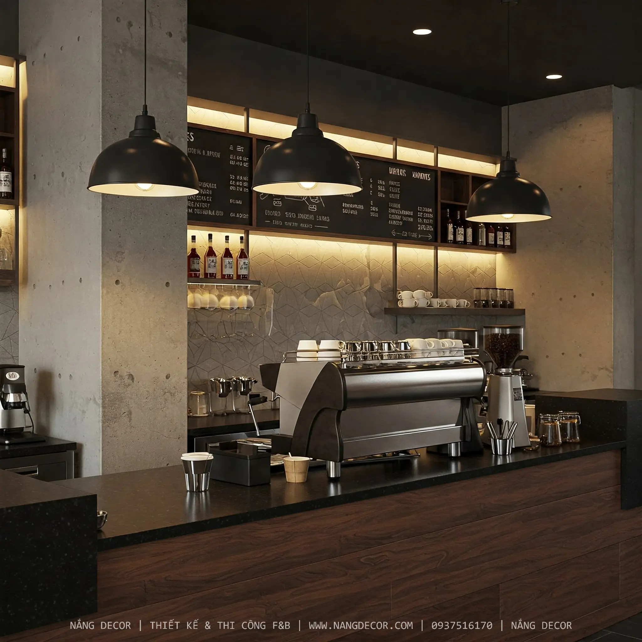 Chi tiết bố trí máy pha espresso và máy xay trên quầy pha chế chuyên nghiệp.
