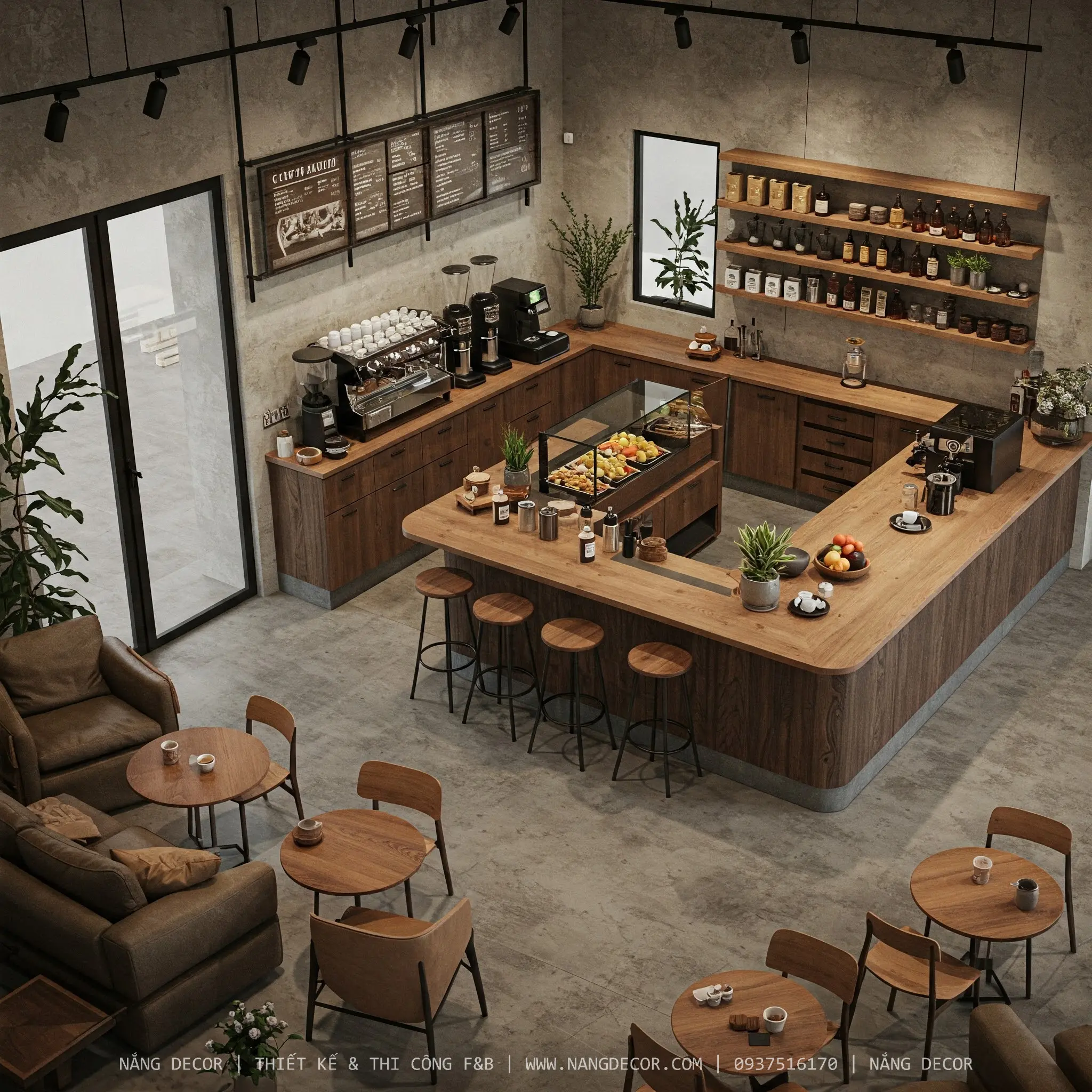 Mô hình quán cafe ngoài trời với không gian xanh mát, thu hút khách.