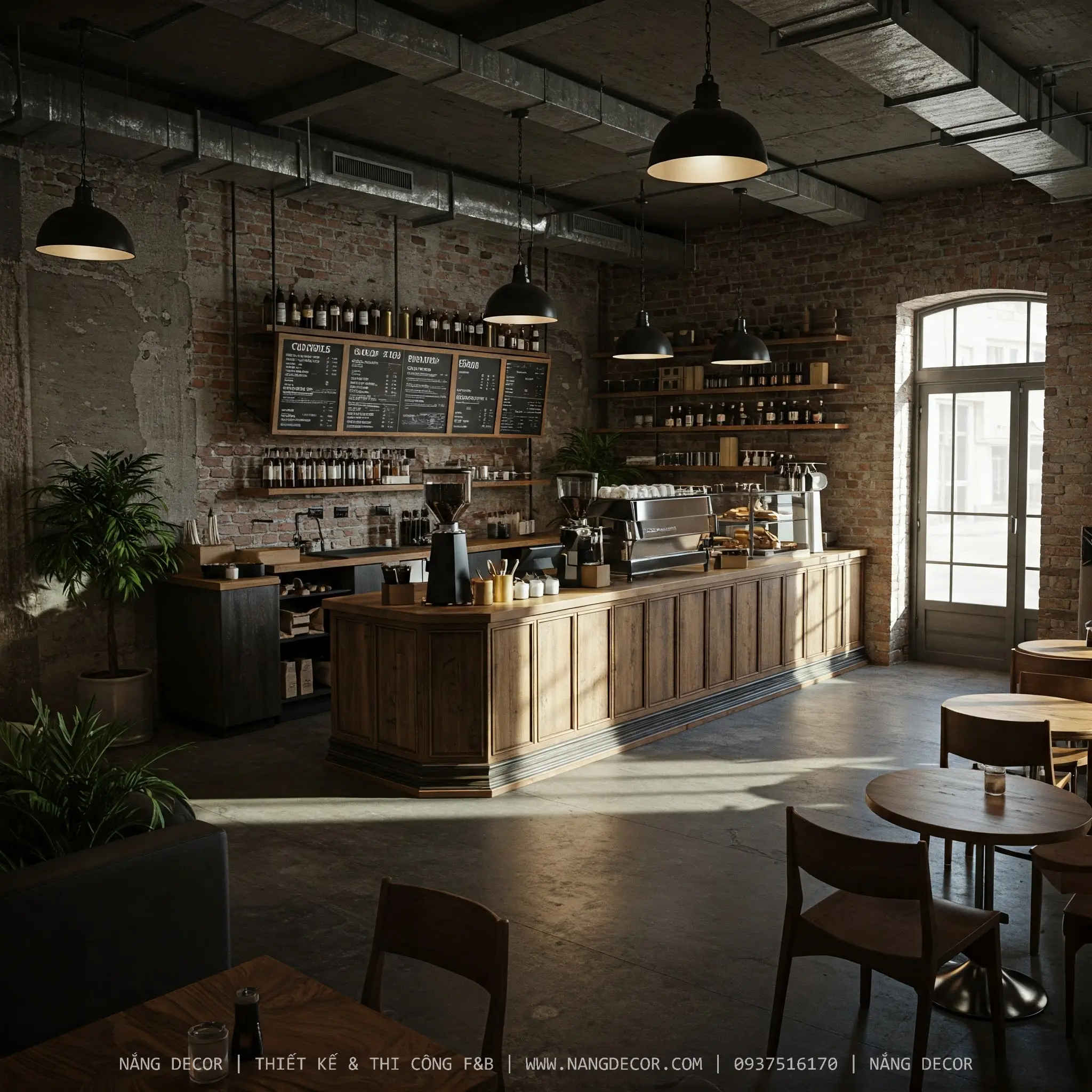 Hệ thống đèn trang trí lung linh cho quán cafe sân vườn buổi tối.