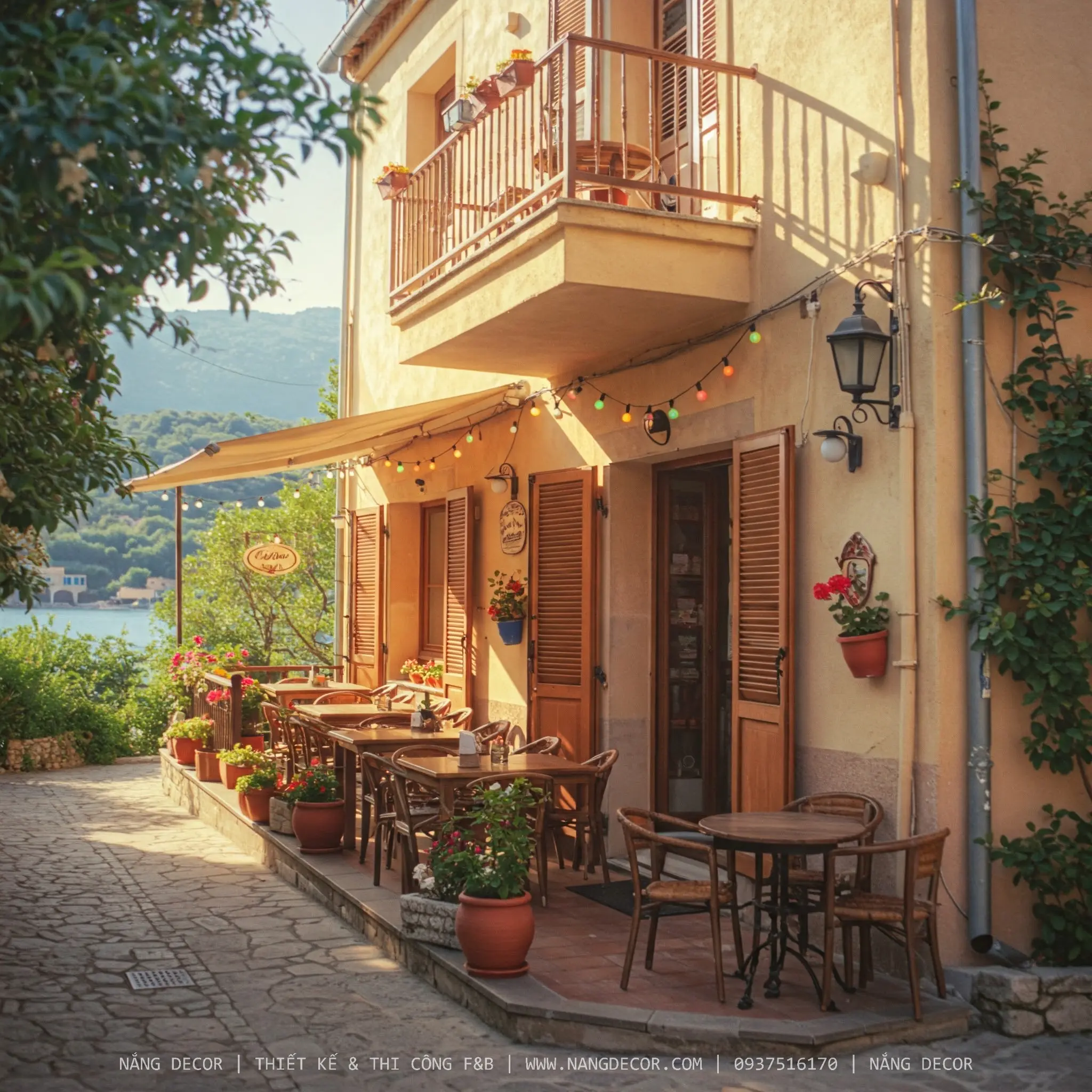 Mẫu thiết kế quán cafe cóc phong cách mộc mạc với bàn ghế gỗ và cây xanh.