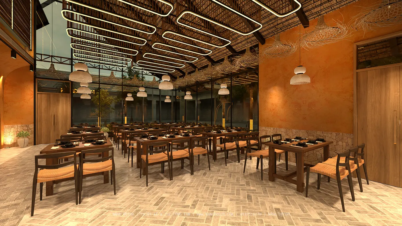 Thiết kế quầy line buffet hiện đại trong nhà hàng sang trọng.