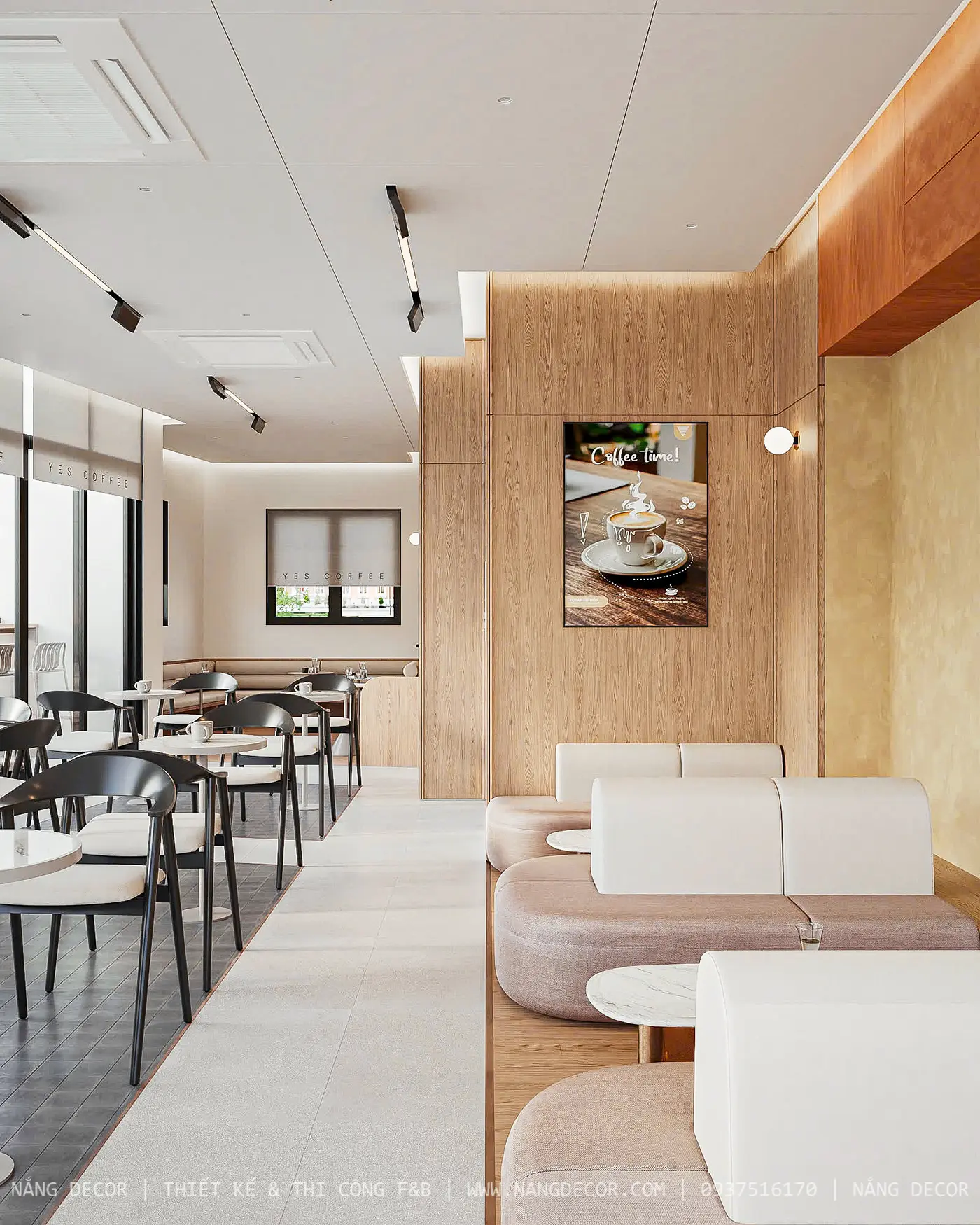 Đội ngũ Nắng Decor thi công hoàn thiện quán cafe khung thép cho khách hàng.