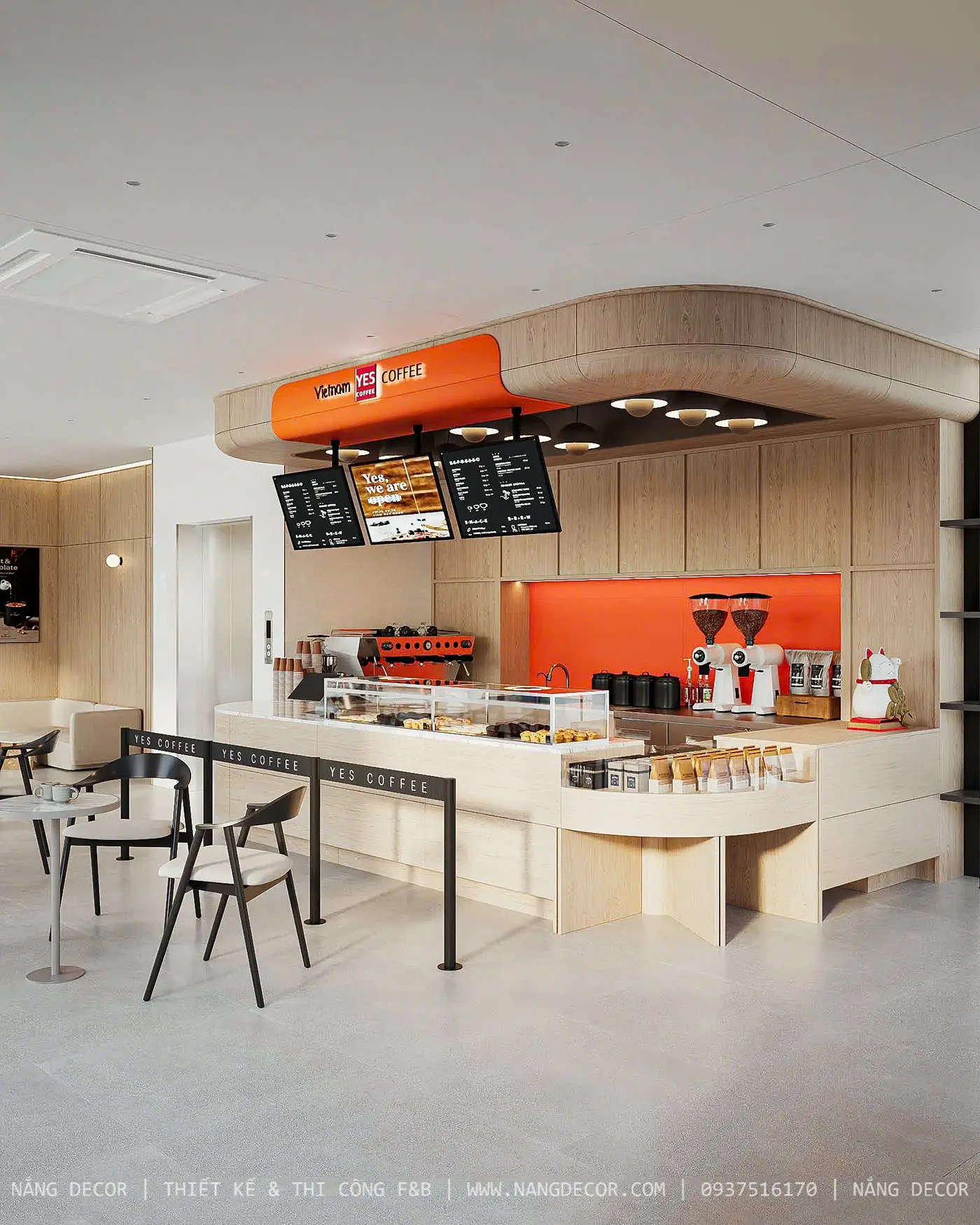 Quầy pha chế của một quán cafe bình dân được thiết kế thông minh, tối ưu diện tích.