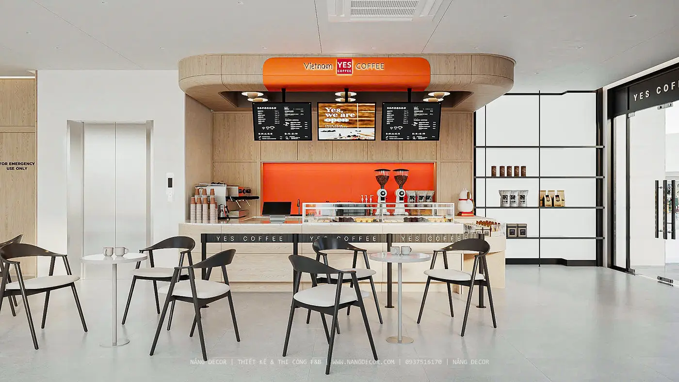 Hình ảnh thiết kế nội thất quán cafe hiện đại, không gian mở, thu hút.